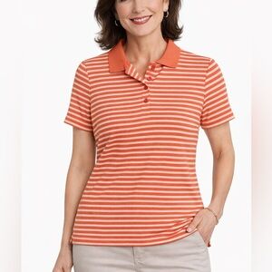 Laura Scott Petite MP Coral Stripe Polo Shirt Classic Summer Top